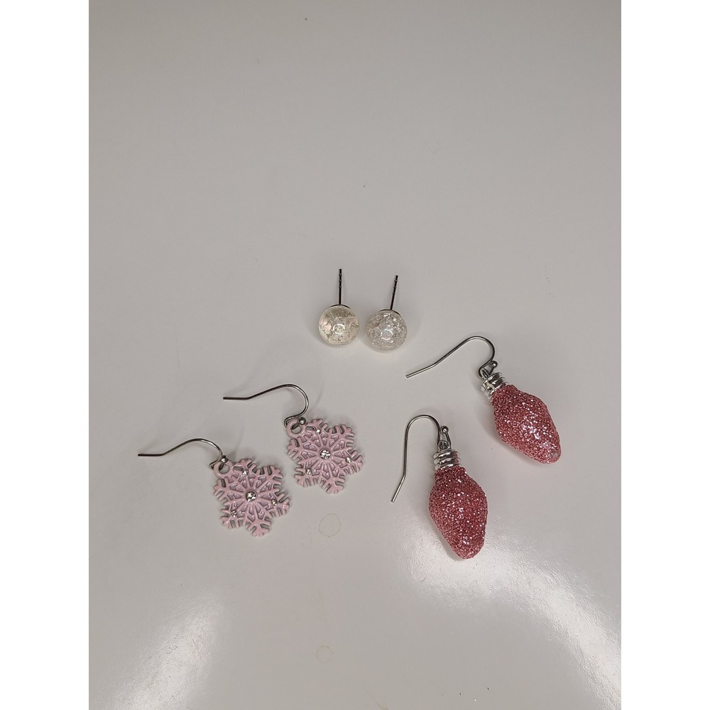 Pink Glitter Silver Tone Holiday Christmas Festive Earring Lot of 3